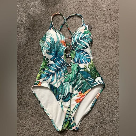 Vince Camuto Tropical Print Strappy Plunge Swimsuit NWT Size 10 - Picture 1 of 8